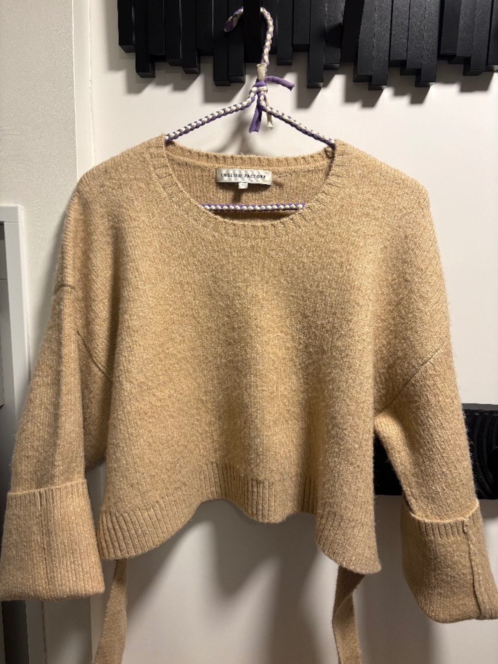 English Factory Camel Knit Sweater Cropped Oversized Tie Detail Size S